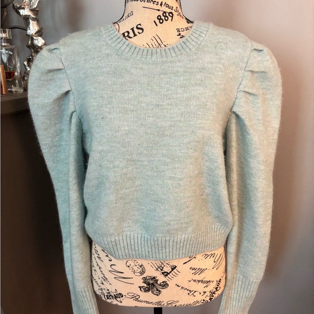 Wild Fable Blue Crew Neck Sweater with Puff Sleeves